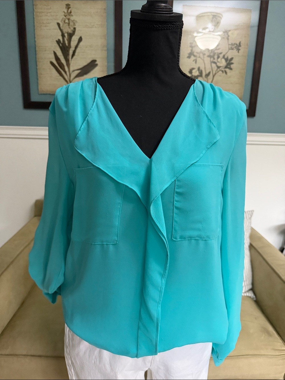 Calvin Klein Turquoise Ruffle V-Neck Blouse